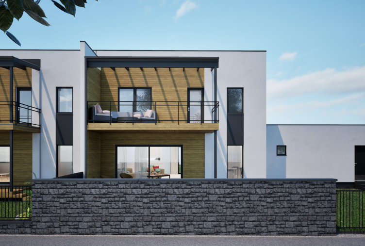 134 m2 kivitalon takapiha ja terassi Tuusulan Rykmentinpuistossa talo A