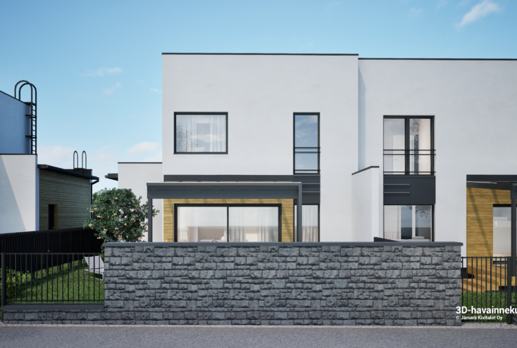 talo E takajulkisivu kivitalo Tuusula moderni kaupunkipientalopiha terassi 3D havainnekuva