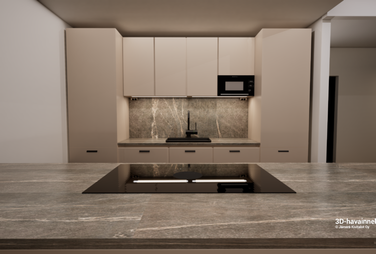 talo D keittiö kivitalo Tuusula moderni avokeittiö 3D havainnekuva