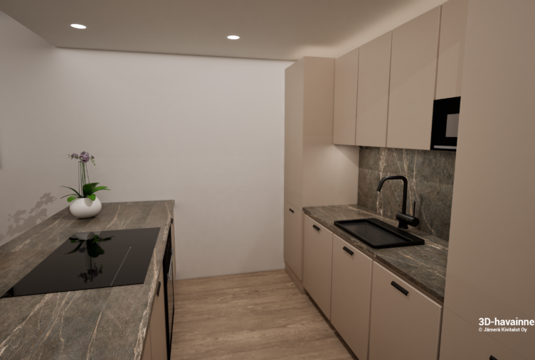 talo D keittiö kivitalo Tuusula moderni avokeittiö 3D havainnekuva