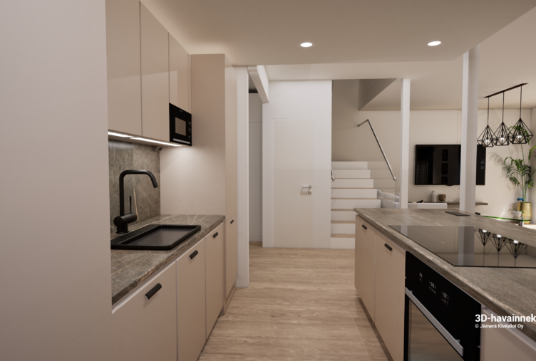 talo D keittiö kivitalo Tuusula moderni avokeittiö saarekkeella 3D havainnekuva