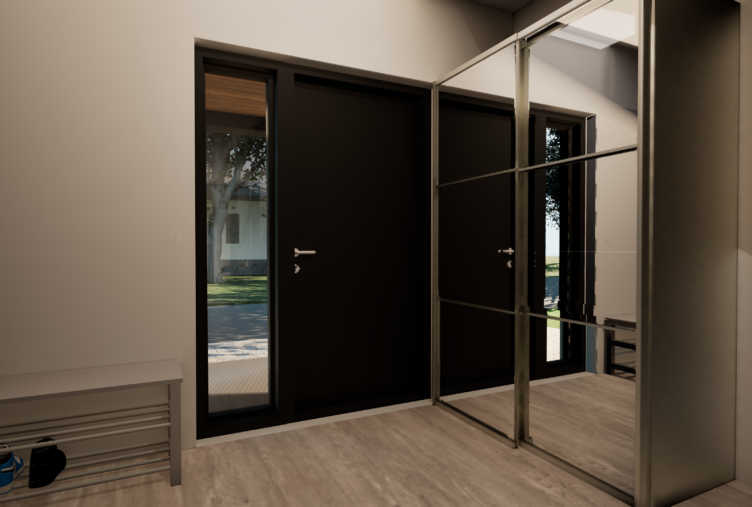 talo E eteinen kivitalo Tuusula moderni eteinen liukuovikaapisto 3D havainnekuva